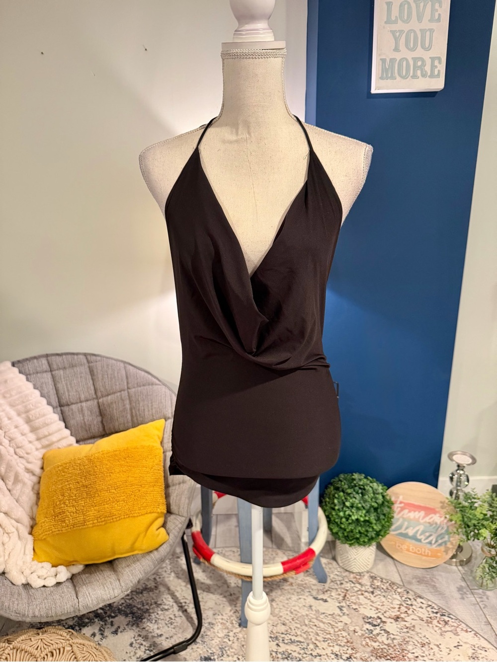Sabora Black Cowl Neck Open Back Halter Top M